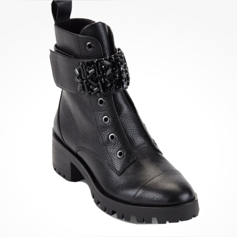 KARL LAGERFELD PARIS PAYSON JEWELED STRAP BLOCK HEEL COMBAT Boots BLACK 8,5